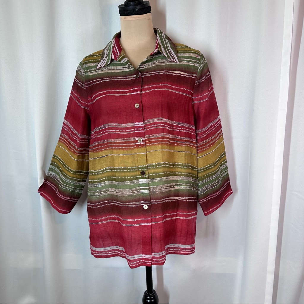 Semi Sheer Lagenlook Blouse Sz 12 Burnout Button Front 3/4 Sleeve Artsy Boho Top